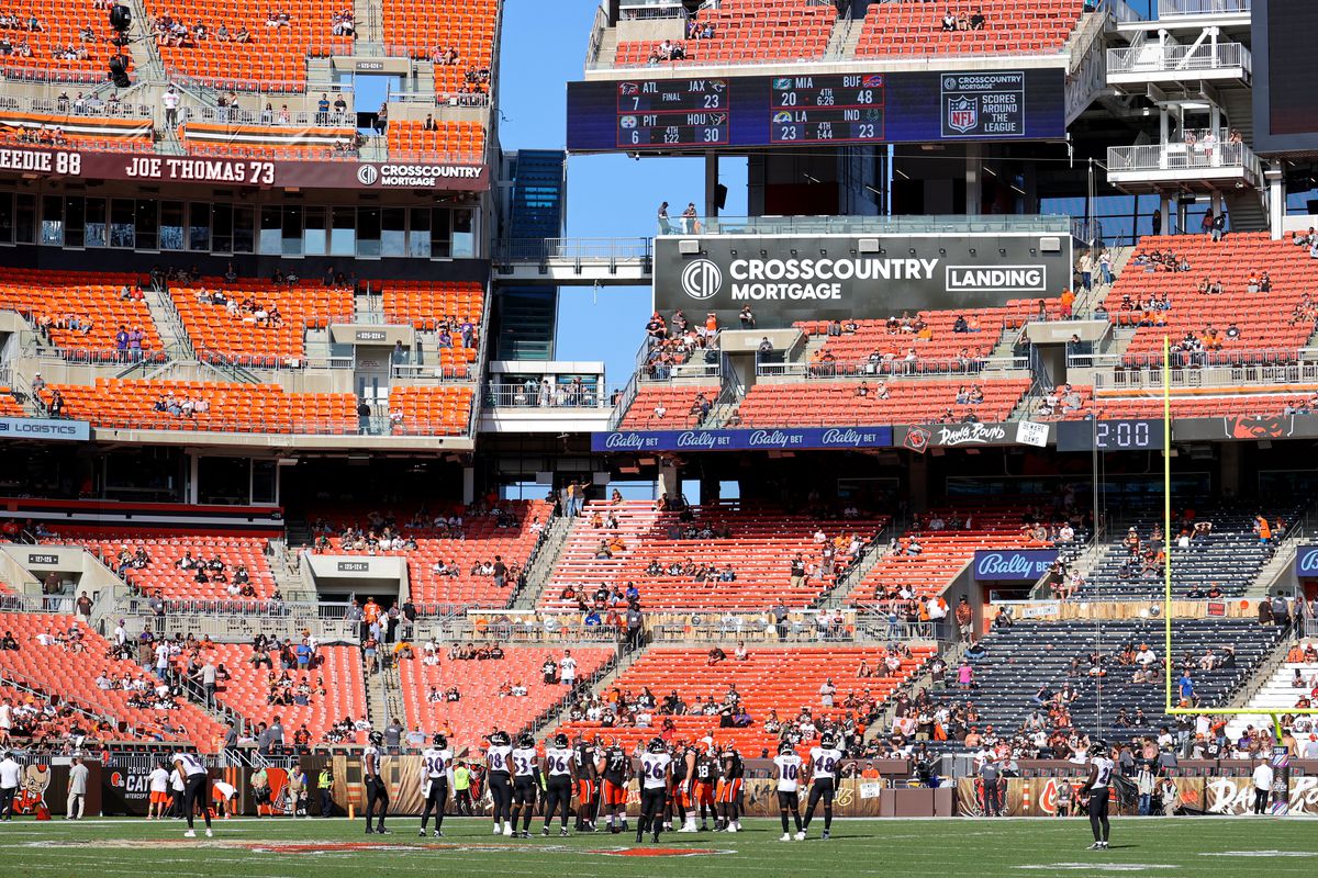A general view of Cleveland Browns Stadium with 2:00 left in the fourth quarter of the National Football League game between the Baltimore Ravens and Cleveland Browns on October 1, 2023, at Cleveland Browns Stadium in Cleveland, OH.