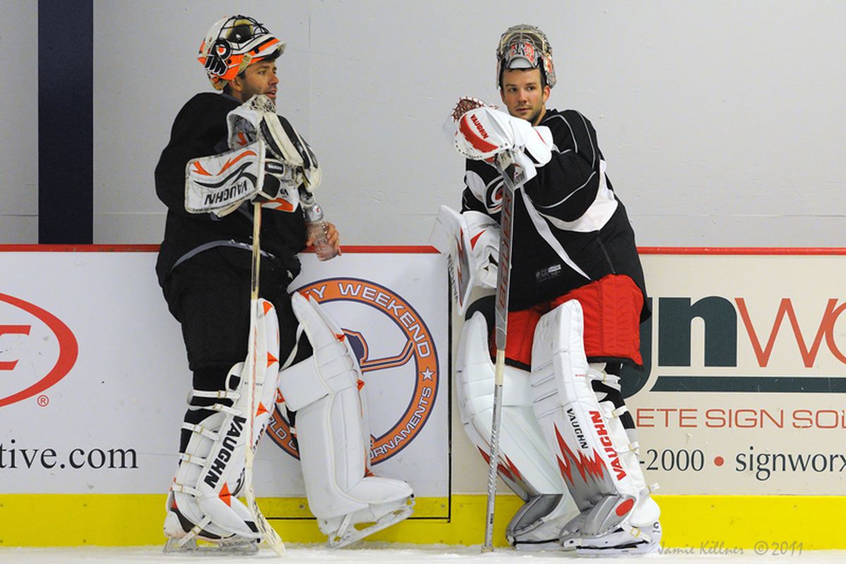 Proteau thinks that Brian Boucher, left, can provide the Hurricanes with 25 to 30 starts backing up starter Cam Ward. (Photo by <a href="http://www.flickr.com/photos/jbk-ltd/collections/72157619609115405/">Jamie Kellner</a>)