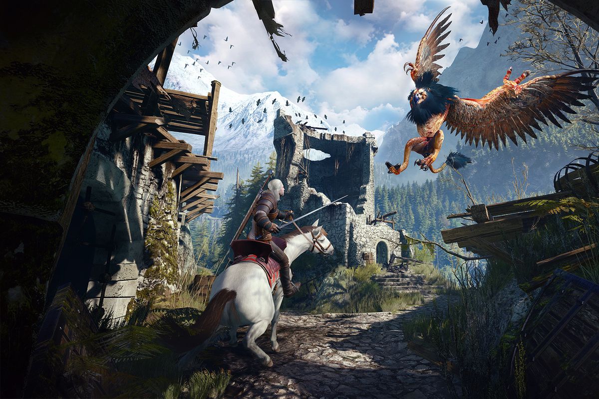 Geralt and Roach face a gryphon in a screenshot from The Witcher 3: Wild Hunt