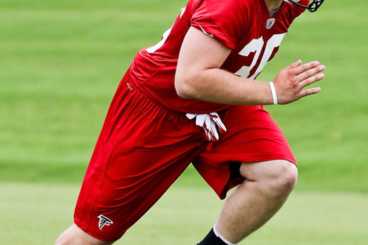 FLOWERY BRANCH, GA - MAY 12: Bradie Ewing #36 of the Atlanta Falcons practices during the rookie minicamp at the Atlanta Falcons Training Facility on May 12, 2012 in Flowery Branch, Georgia. (Photo by Daniel Shirey/Getty Images)