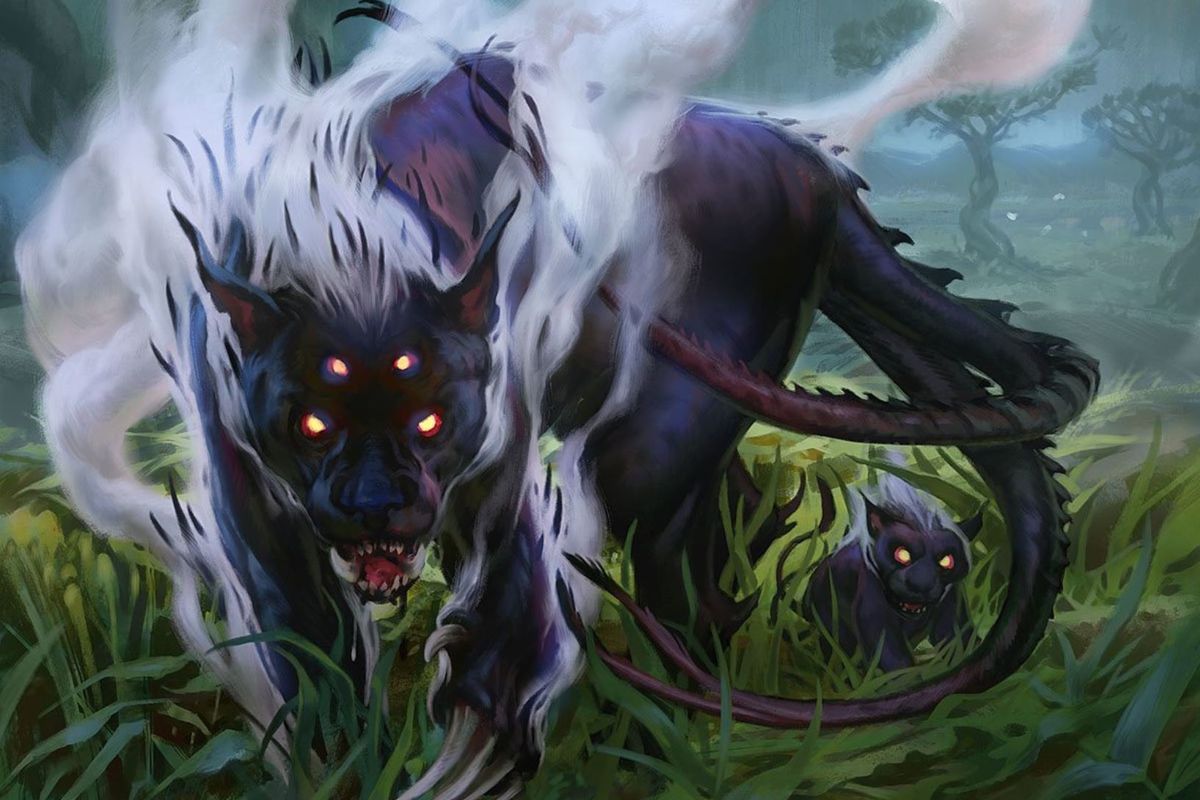 A multi-eyed hell hound is the key art for Magic’s Lurrus companion card.