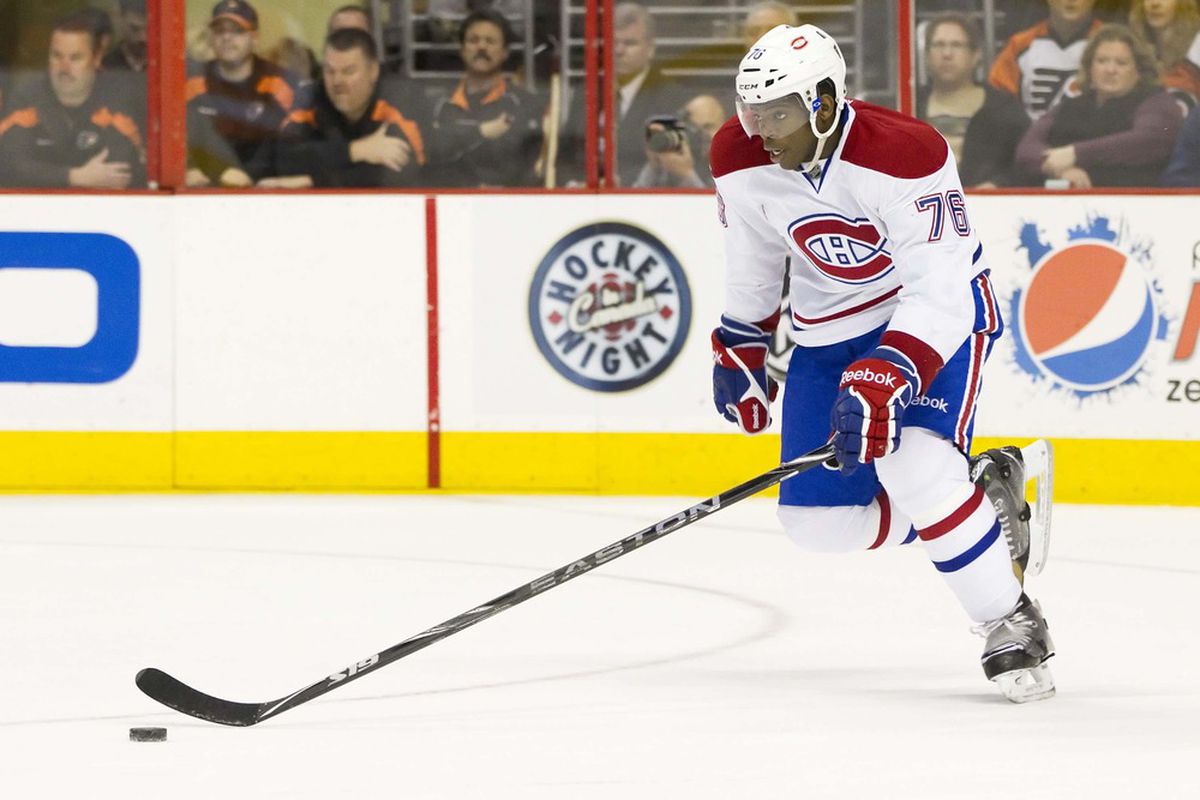 Mar 24, 2012; Philadelphia, PA, USA; Montreal Canadiens defenseman P.K. Subban (76) skates the puck up the ice against the Philadelphia Flyers during the 2nd period at the Wells Fargo Center.  Mandatory Credit: Christopher Szagola-US PRESSWIRE