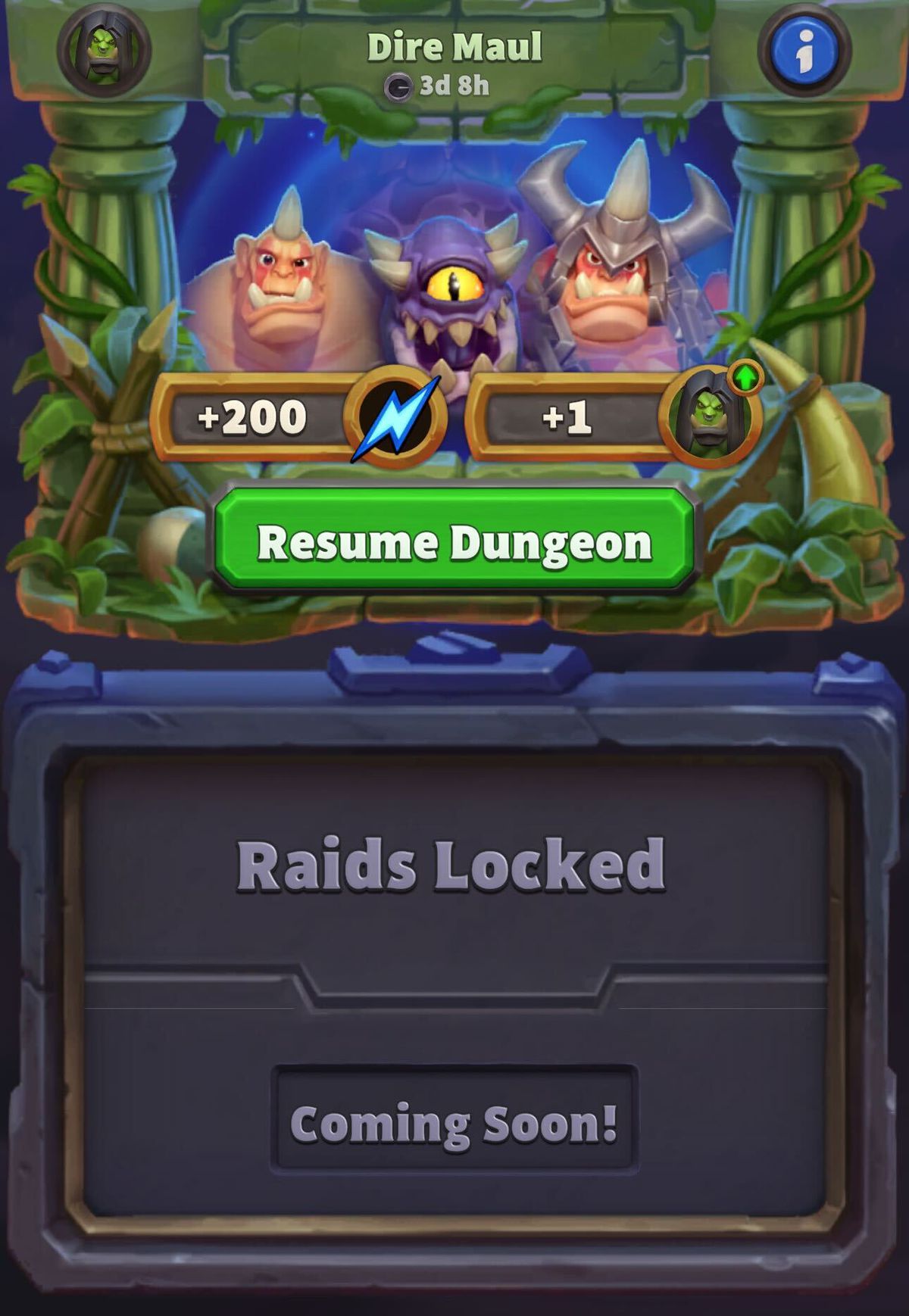 The Dungeon screen shows Dire Maul in Warcraft Rumble