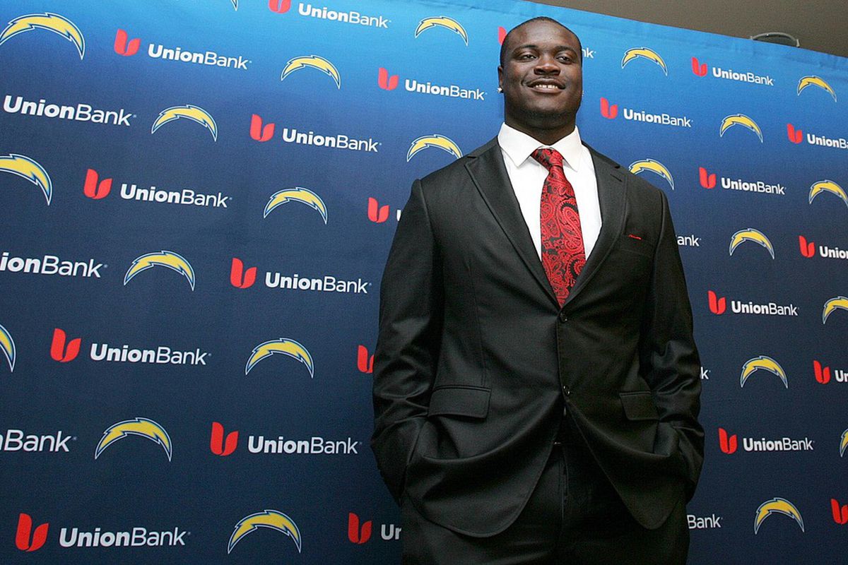 San Diego, CA, USA; San Diego Chargers first round draft pick Melvin Ingram poses for pictures during a press conference at Charger Park.  Mandatory Credit: Jake Roth-US PRESSWIRE