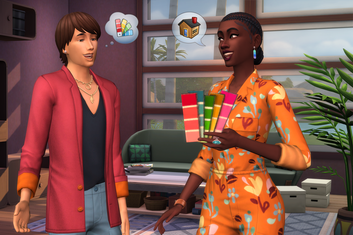 Two people talking about home design, one of which is holding paint swatches, in The Sims 4