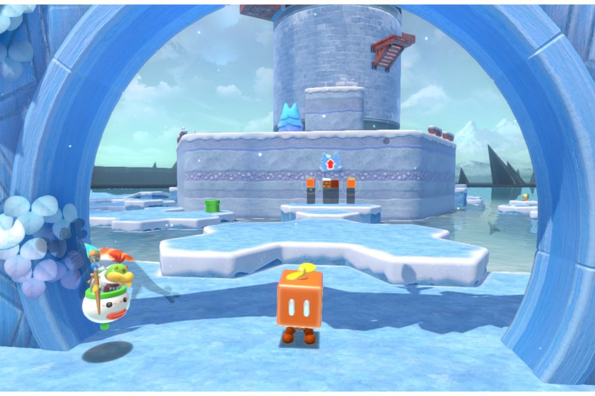 Mario stands in a Propeller Box at the gate to Crisp Climb Castle