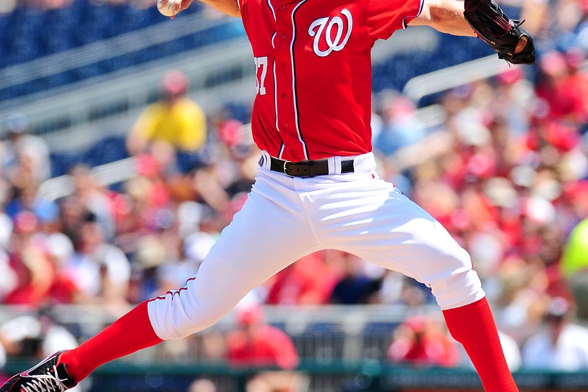 August 5, 2012;Washington D. C., USA; Washington Nationals pitcher Stephen Strasburg (37) throws a pitch during the game against the Miami Marlins at Nationals Park. Mandatory Credit: Evan Habeeb-US PRESSWIRE