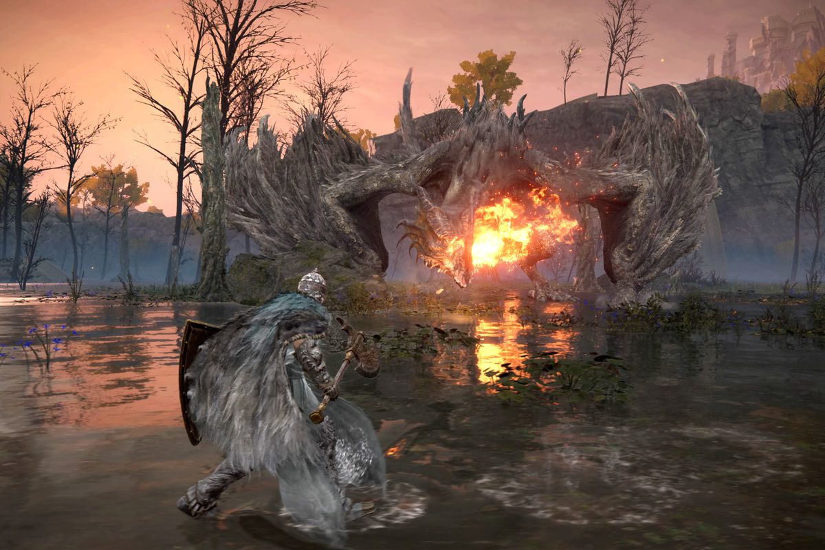 A Tarnished fights Flying Dragon Agheel at Agheel Lake in Elden Ring