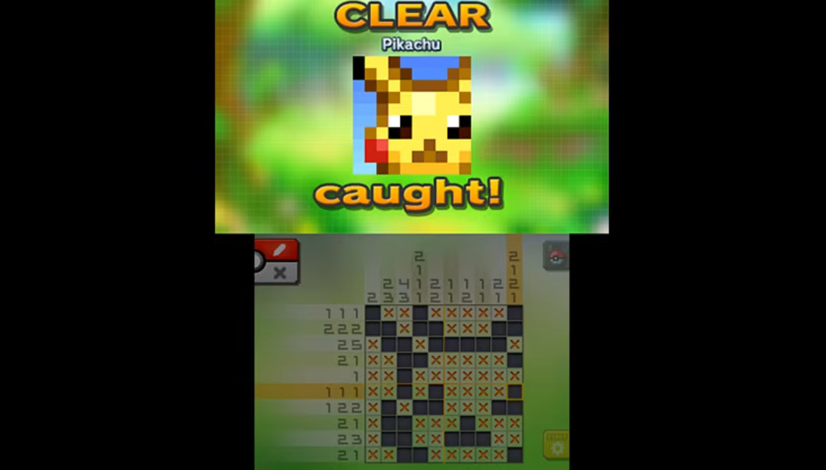 A Picross screen to create the pixel image of a Pikachu