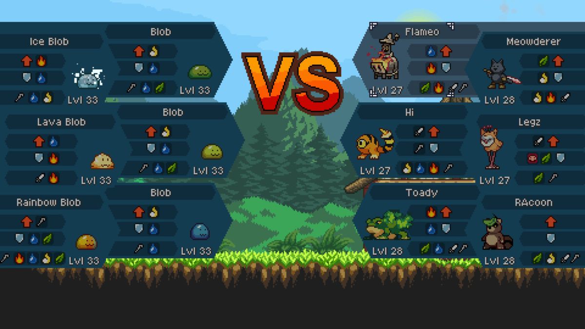 A versus screen showing two groups of six enemies facing off against each other. One of the groups is a variety of creatures, while the other group is comprised solely of different types of blobs.