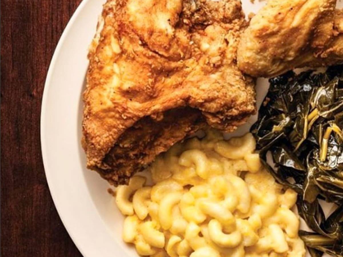 Fried chicken, collards, and mac and cheese from Busy Bee Cafe in Vine City Atlanta.