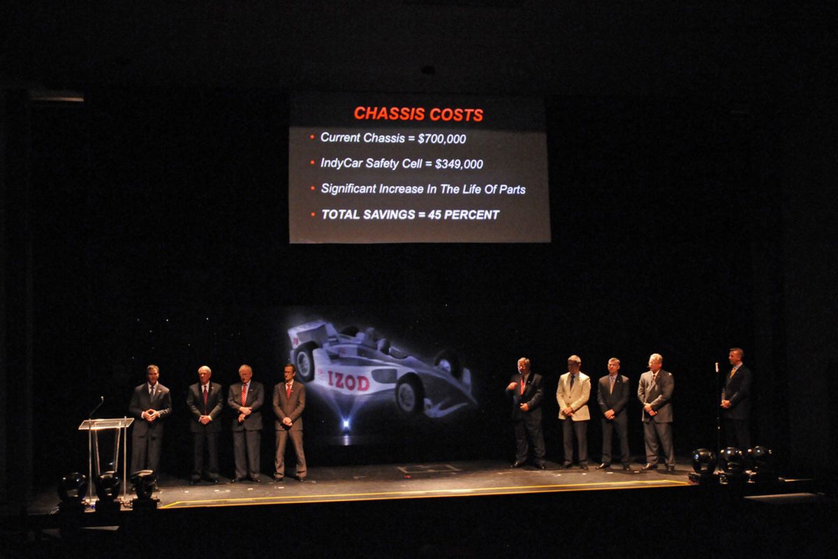 The 2012 IndyCar announcement in 2010 outlined the cost savings for the new platform - apparently not enough, however, for owners to sign on for the aero kit principle until 2013. (Photo: Walt Kuhn/LAT/IndyCar.com)