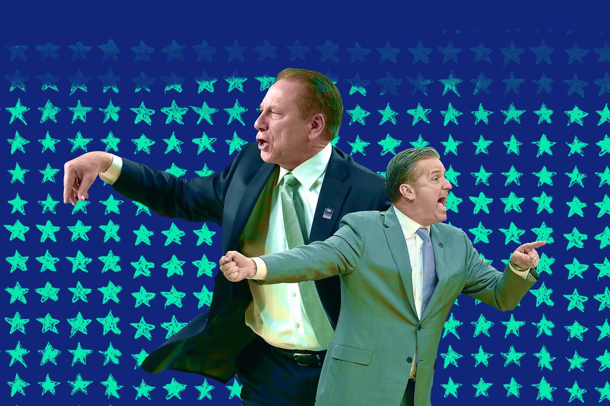 A collage of Tom Izzo (left) and John Calipari (right)
