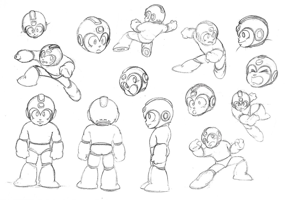 Pencil sketches show early design concepts for Mega Man