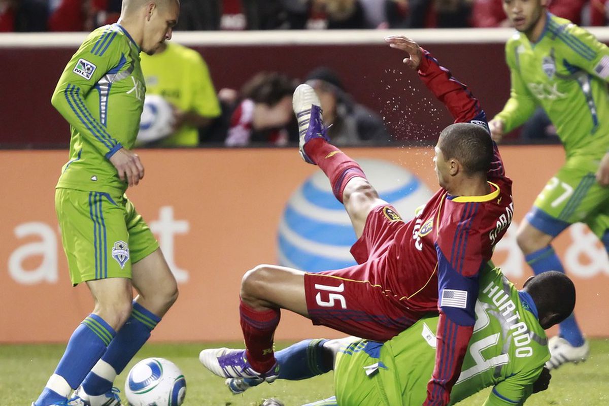 The Sounders may have foiled Alvaro Saborio's plans in this picture, but they wouldn't be so lucky for most of the match-- Saborio scored a brace in last night's 3-0 Real Salt Lake victory. 
