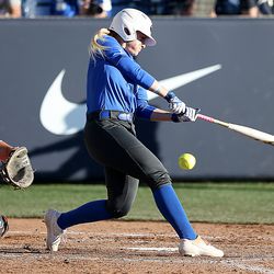 BYU's Rylee Jensen swings on a pitch as BYU and Utah play in a softball game at BYU in Provo on Wednesday, May 1, 2019. Utah won 11-2.