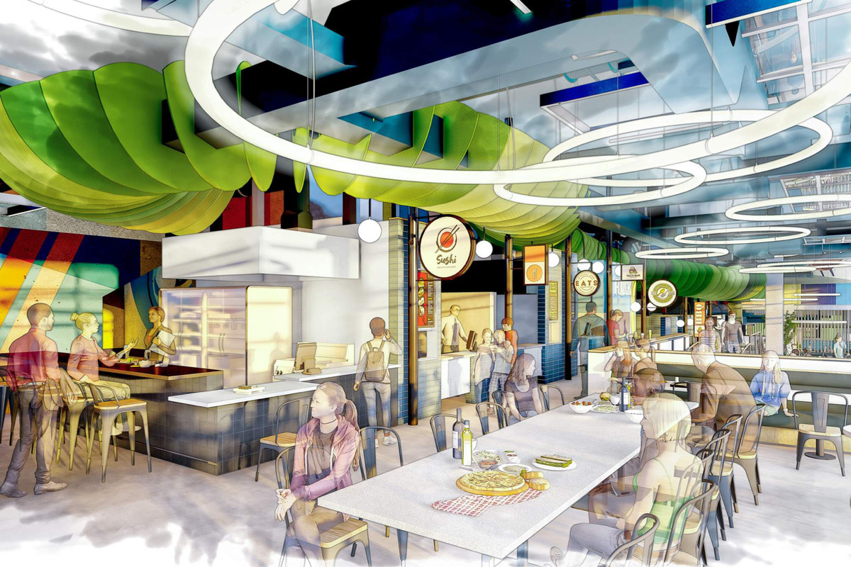 A rendering of the building shows various stalls with communal indoor seating.