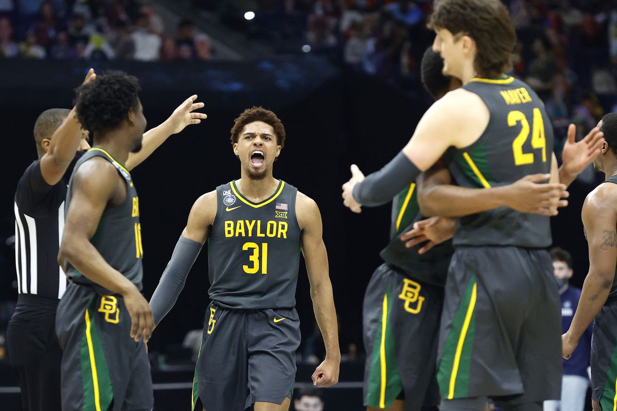 MaCio Teague of the Baylor Bears reacts in the second half of the National Championship game of the 2021 NCAA Men’s Basketball Tournament against the Gonzaga Bulldogs at Lucas Oil Stadium on April 05, 2021 in Indianapolis, Indiana.