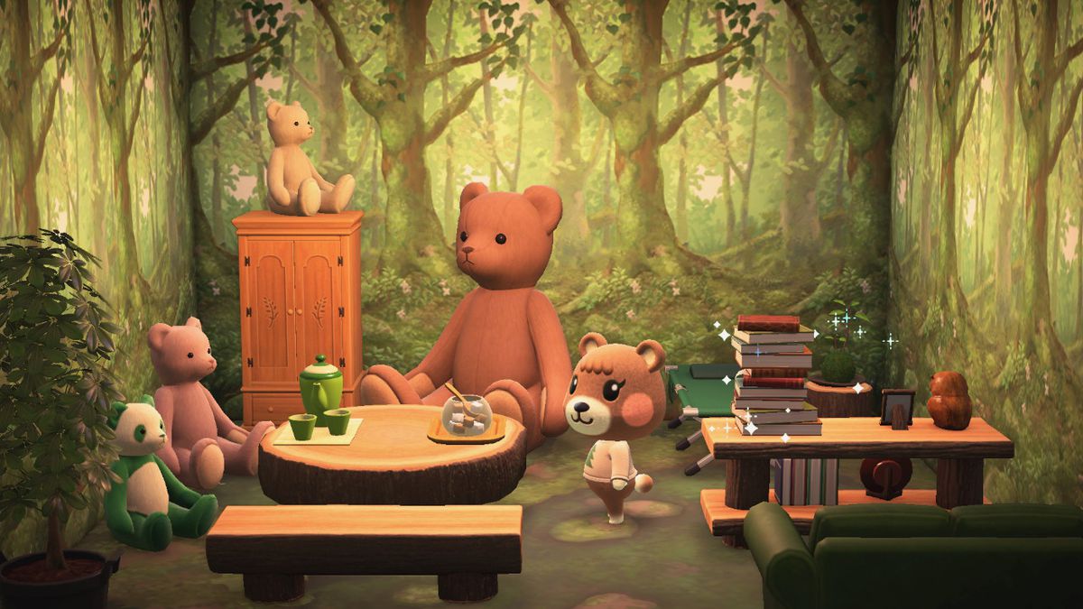 A screenshot from Animal Crossing: New Horizons Happy Home Paradise DLC, with a brown bear in a room decorated with forest wallpaper and lots of stuffed animal bears.