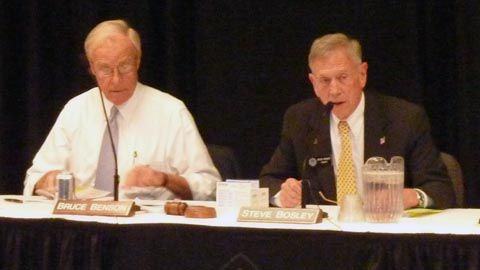 Chair Tom Bosley speaks during CU Board of Regents meeting March 29, 2010. President Bruce Benson is at left.