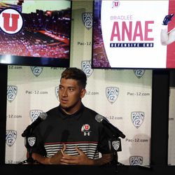 Utah defensive end Bradlee Anae answers questions during the Pac-12 Conference NCAA college football Media Day Wednesday, July 24, 2019, in Los Angeles.