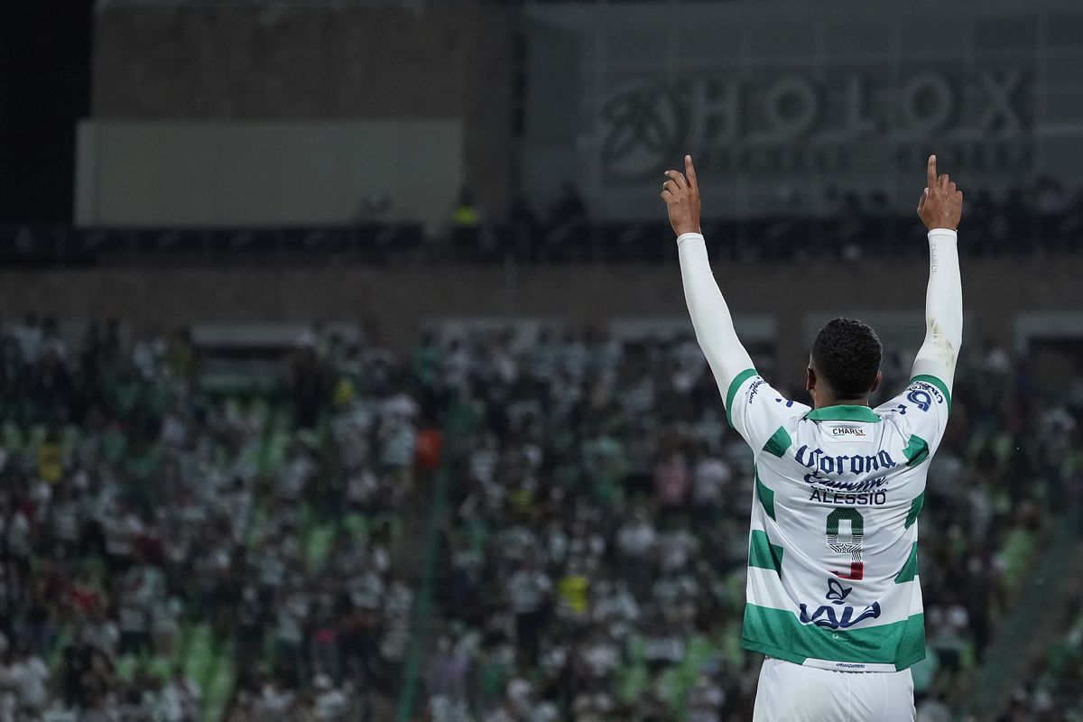 Alessio Da Cruz of Santos celebrates after scoring his team’s first goal during the 9th round match between Santos Laguna and Puebla as part of the Torneo Grita Mexico A21 Liga MX at Corona Stadium on September 19, 2021 in Torreon, Mexico.