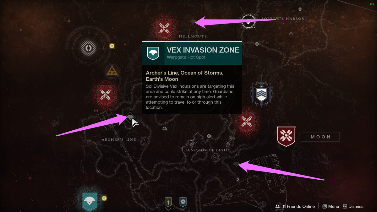 A map of the moon with the locations of the Vex Invasion points marked
