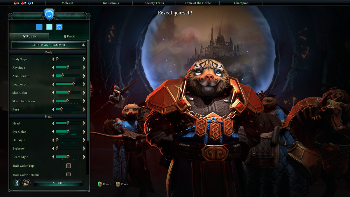 The race creation screen in Age of Wonders 4, showing customization options for the ruler of the molekin race