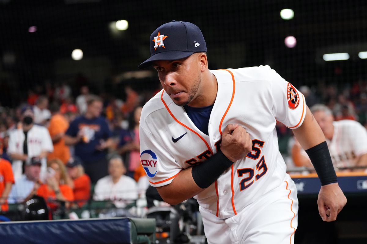 Michael Brantley of the Houston Astros takes the field before Game 7 of the ALCS between the Texas Rangers and the Houston Astros at Minute Maid Park on Monday, October 23, 2023 in Houston, Texas.