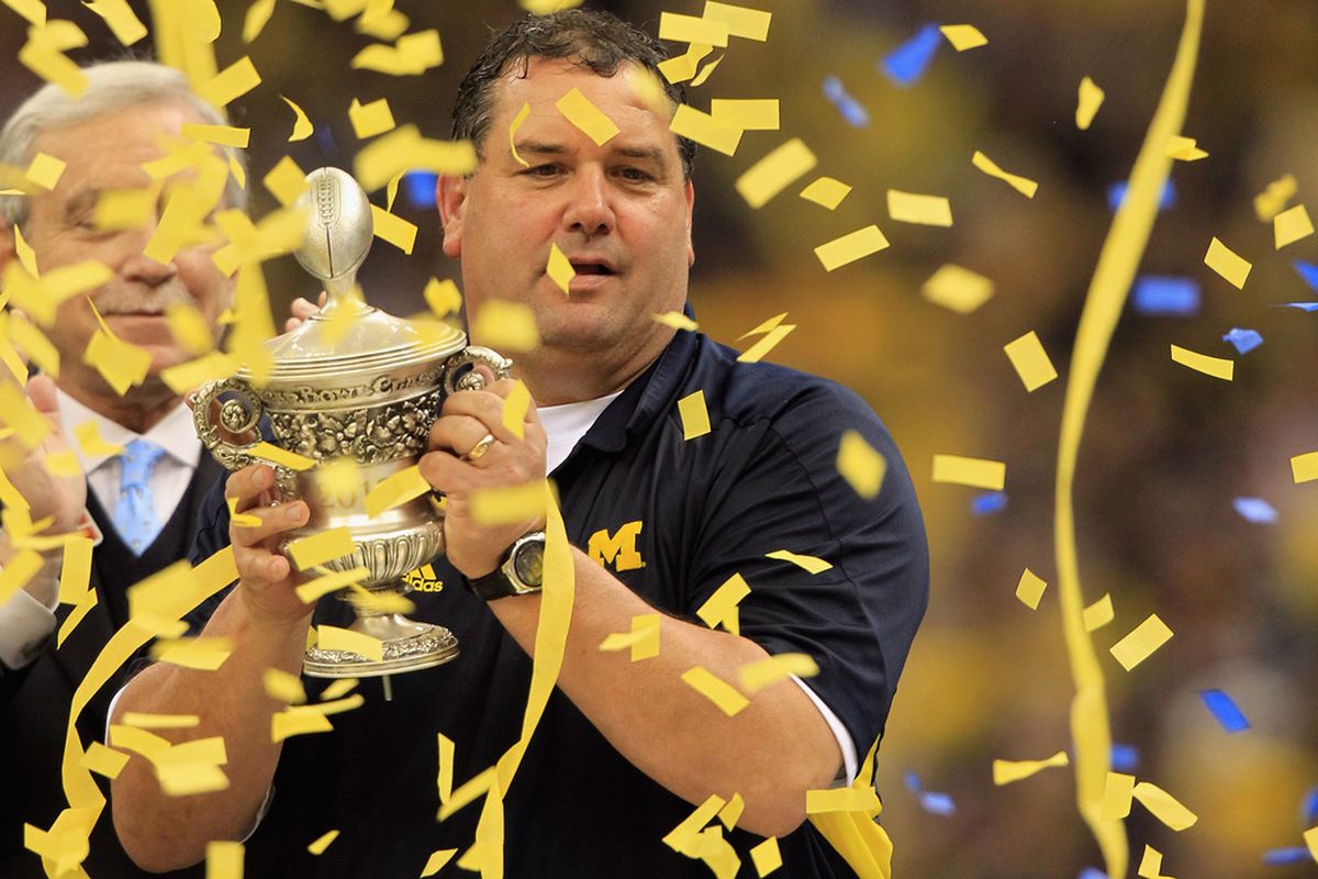 Brady Hoke is already a third of the way to Schembechler's major bowl win total after just one season in Ann Arbor. (Photo by Matthew Stockman/Getty Images)