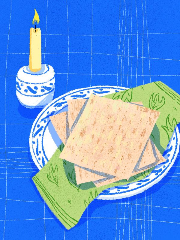 A plate of matzo sits next to a lit candle. Illustration.