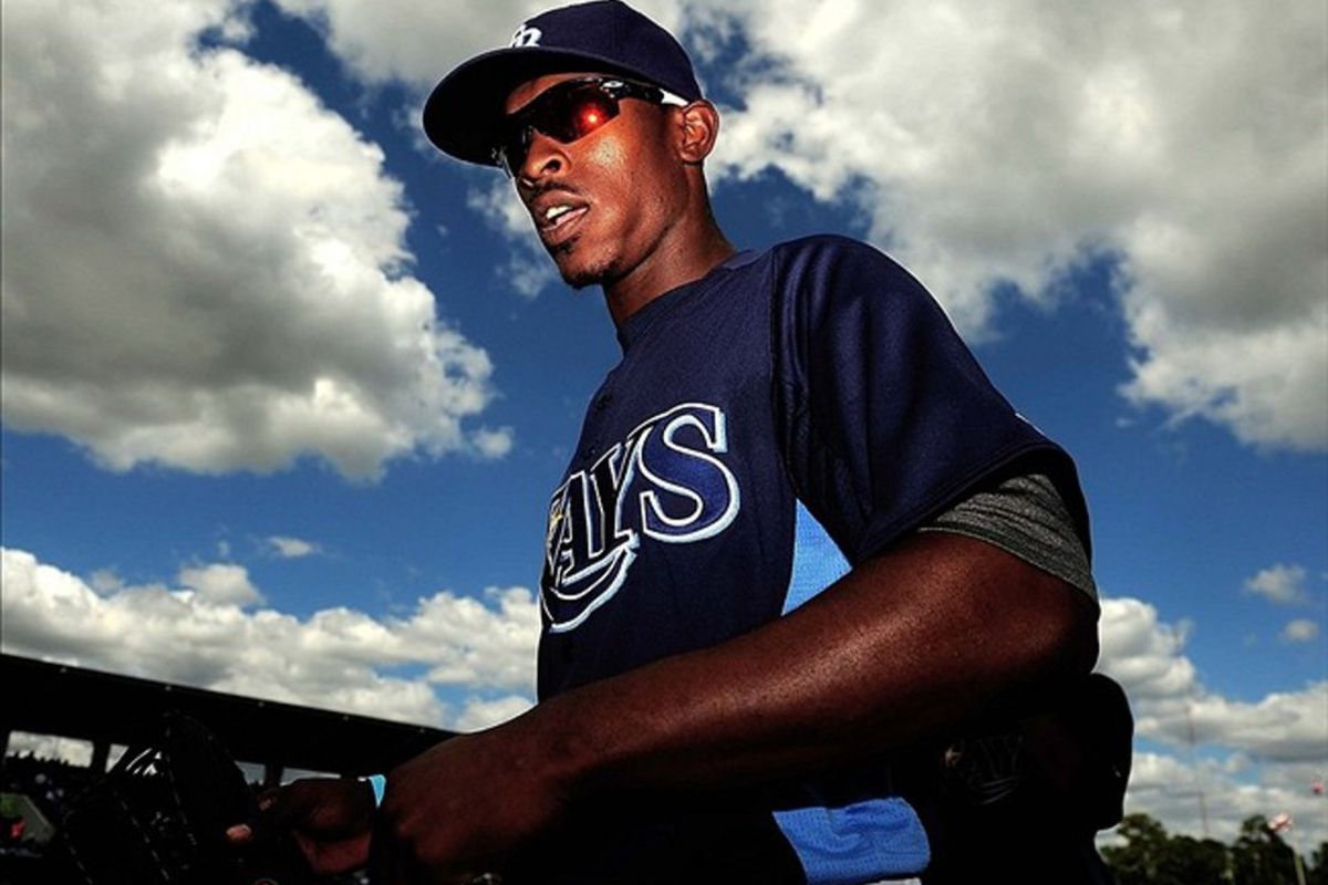 Mar. 14, 2012; Port Charlotte, FL, USA; Tampa Bay Rays center fielder B.J. Upton (2) walks into the dugout in the second inning against the Miami Marlins at Charlotte Sports Park. Mandatory Credit: Andrew Weber-US PRESSWIRE
