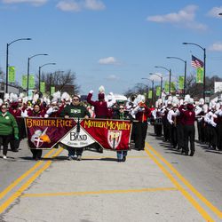 Brother Rice/Mother McAuley Marching Band in the Chicago South Side St. Patrick’s Day Parade, Sunday, March 17th. | James Foster/For the Sun-Times