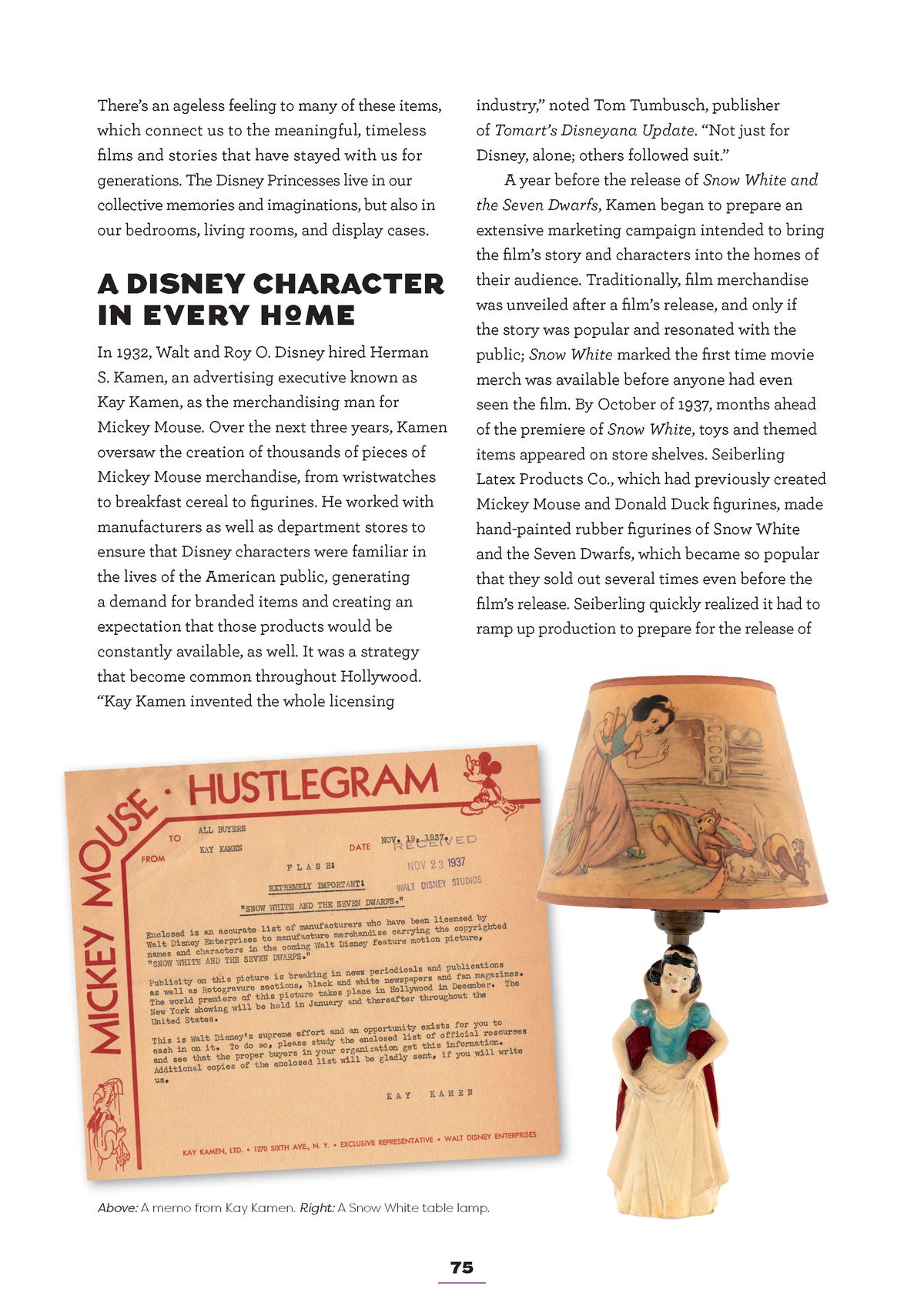 a page of Disney Princess: Beyond the Tiara; it mostly features text, but there is also a telegram describing Disney’s merchandising efforts with Snow White and a Snow White shaped lamp