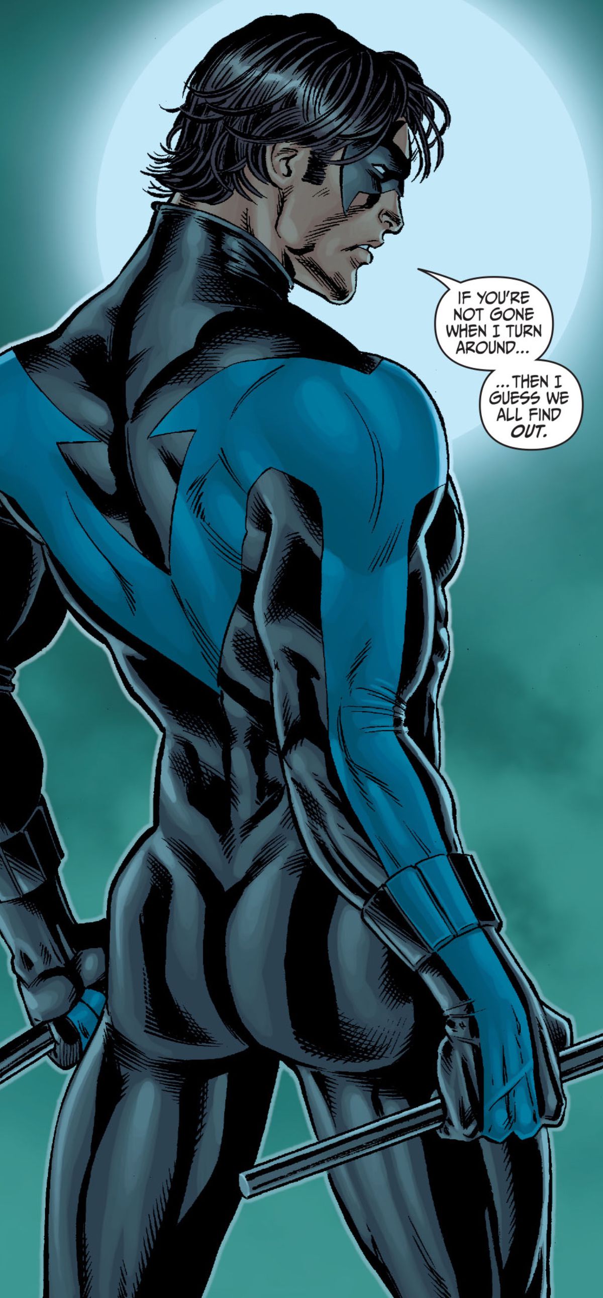Nightwing stands with his back to the viewer, looking over his shoulder, lit by the moon. His butt and back muscles are lovingly rendered, in Secret Six #9, DC Comics (2009). 