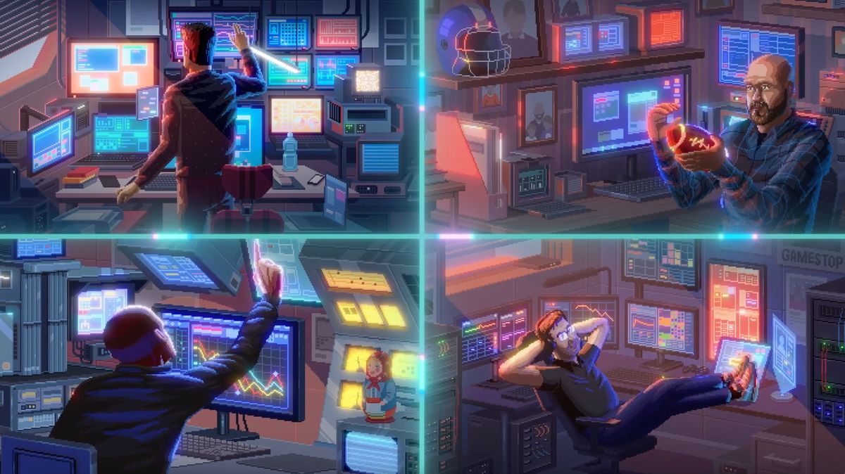 Four men in front of banks of computers in a hyper-detailed 16-bit style animated sequence from GameStop: Rise of the Players