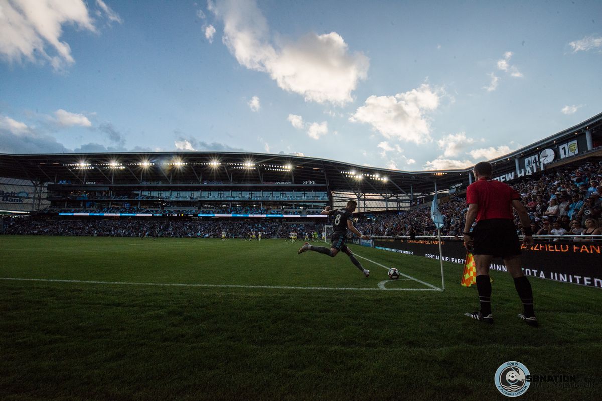 
July 10, 2019 - Saint Paul, Minnesota, United States - Jan Gregus takes a corner during the quarterfinal match of US Open Cup between Minnesota United and New Mexico United at Allianz Field. (Tim C McLaughlin)