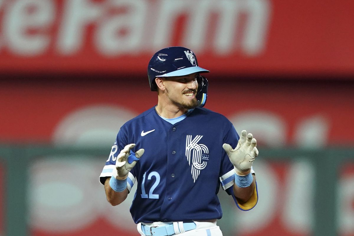 Nick Loftin #12 of the Kansas City Royals rounds third and scores against the Boston Red Sox during the sixth inning at Kauffman Stadium on September 1, 2023 in Kansas City, Missouri.