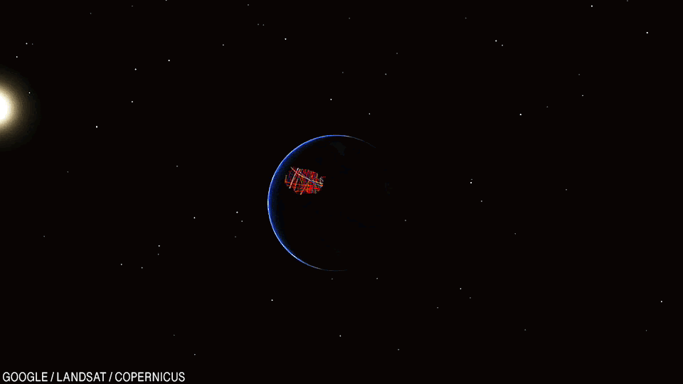 Animation: Distant view of the Earth as it rotates, with the 111 fields highlighted.