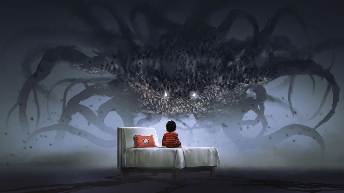 Illustration of a tiny  kid  sitting connected  a tiny  furniture  with a ample  tentacled monster hovering over.