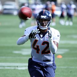 Broncos CB Jordan Sullen moves in to catch the ball during drills.