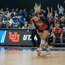 Utah’s Stef Jankiewicz cheers after scoring a point against BYU in an NCAA volleyball game at Smith Fieldhouse in Provo on Saturday, Dec. 4, 2021.