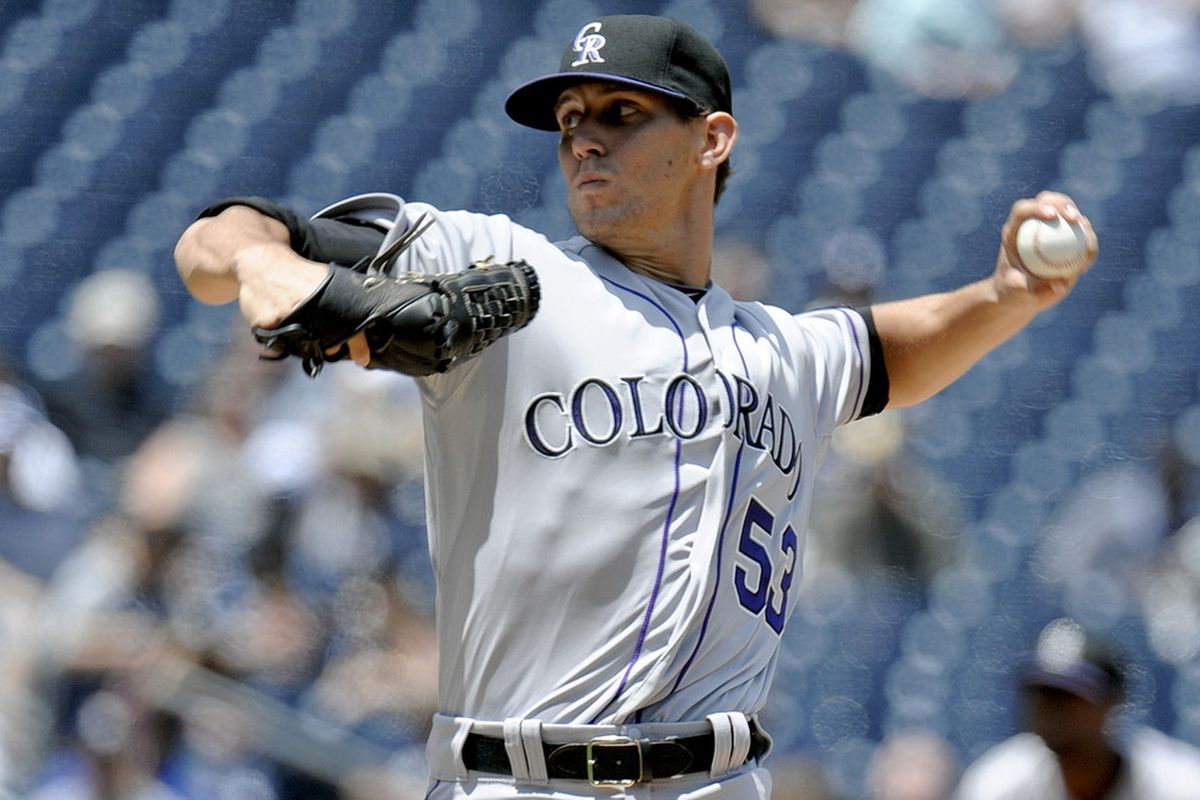 SAN DIEGO, CA - MAY 9:  Christian Friedrich #53 of the Colorado Rockies pitches during the first inning of a baseball game against the San Diego Padres at Petco Park on May 9, 2012 in San Diego, California. (Photo by Denis Poroy/Getty Images)