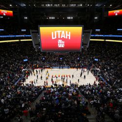A new court and logos are displayed before the Utah Jazz game against the Golden State Warriors at Vivint Arena in Salt Lake City on Tuesday, Jan. 30, 2018.