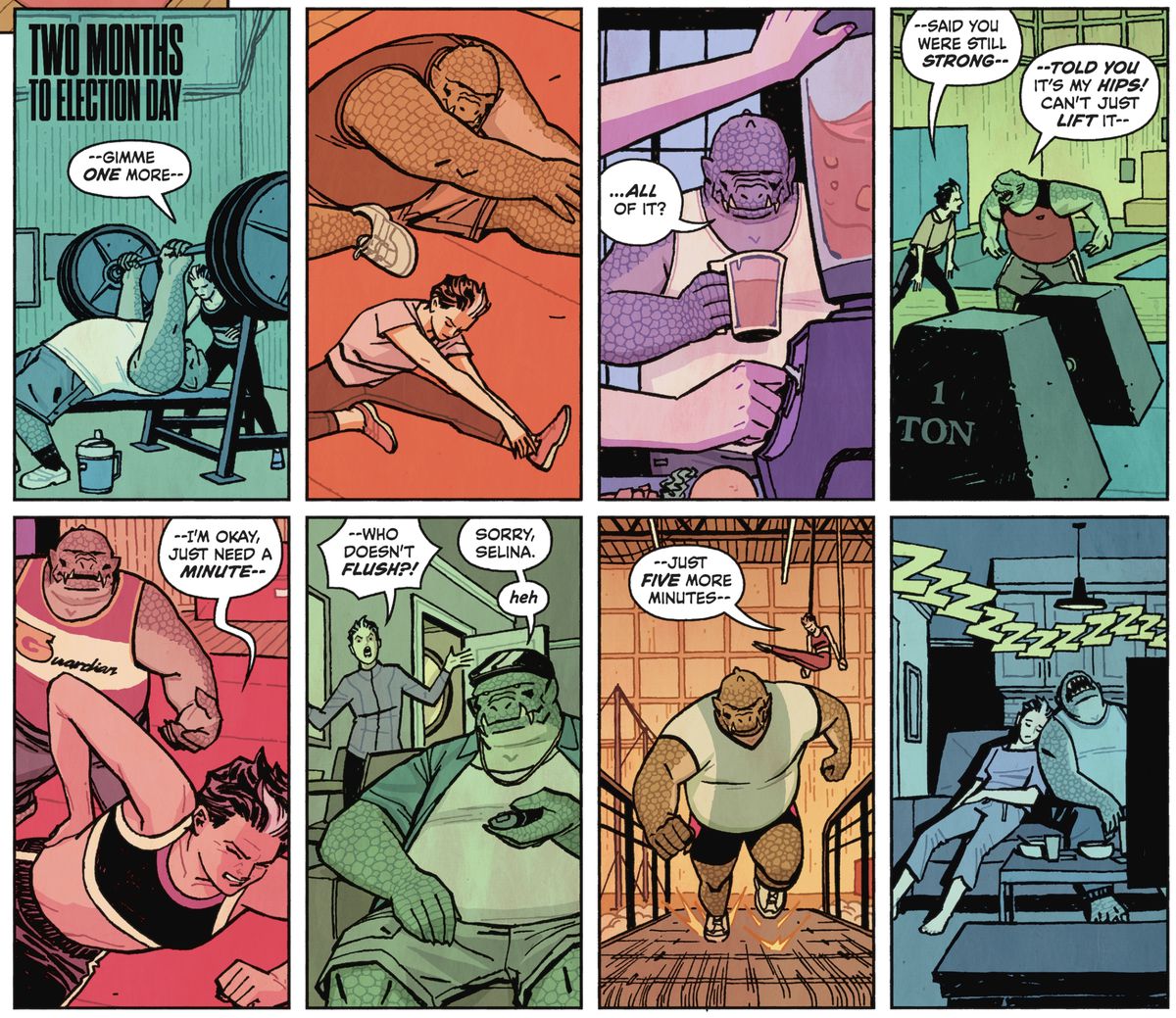 Ocho paneles de un montaje de entrenamiento con una Selina Kyle de mediana edad y Killer Croc.  Se quejan de viejas heridas y luego se duermen en el sofá, en Catwoman: Lonely City # 2 (2021). 