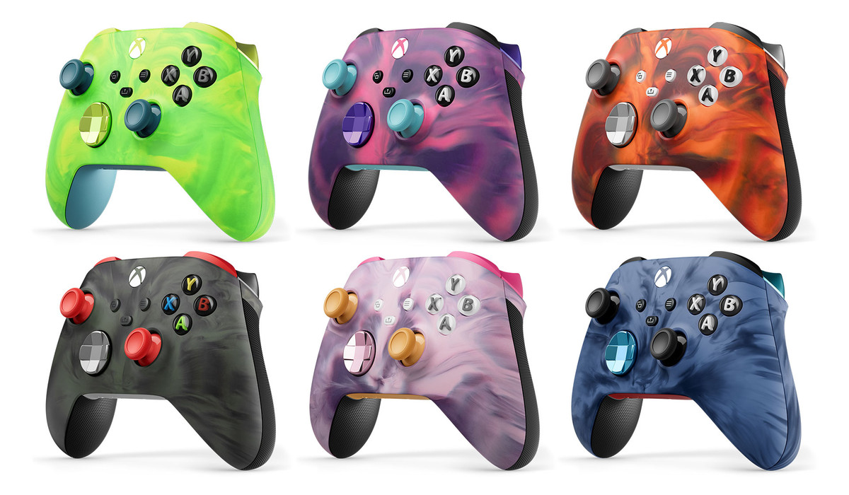 A stock image featuring six of the new vapor colorways for the Xbox Wireless Controller