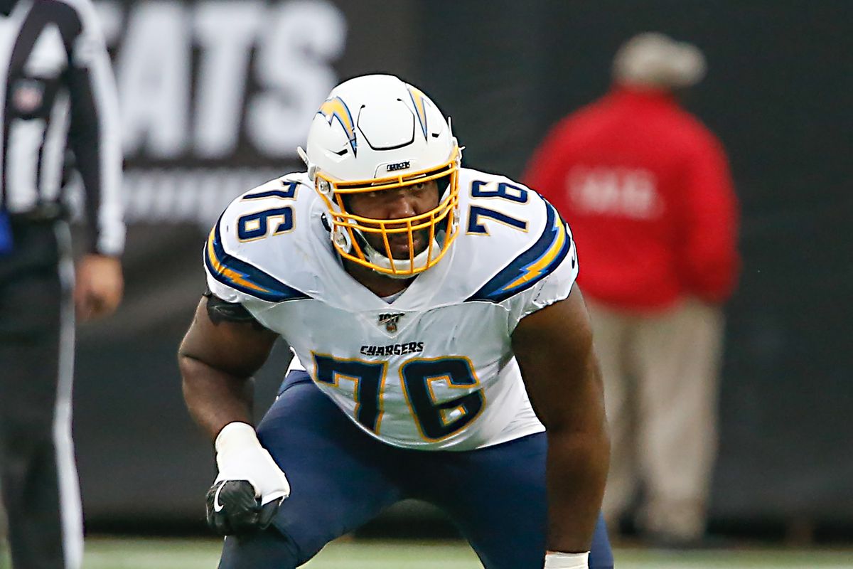 &nbsp;Los Angeles Chargers offensive tackle Russell Okung guards the line against the Jacksonville Jaguars during the second quarter at TIAA Bank Field.