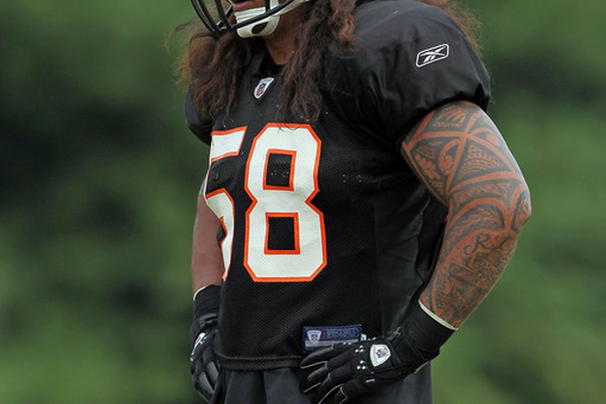 GEORGETOWN KY - JULY 31:  Rey Maualuga #58 of the Cincinnati Bengals is pictured during the Bengals training camp at Georgetown College on July 31 2010 in Georgetown Kentucky.  (Photo by Andy Lyons/Getty Images)