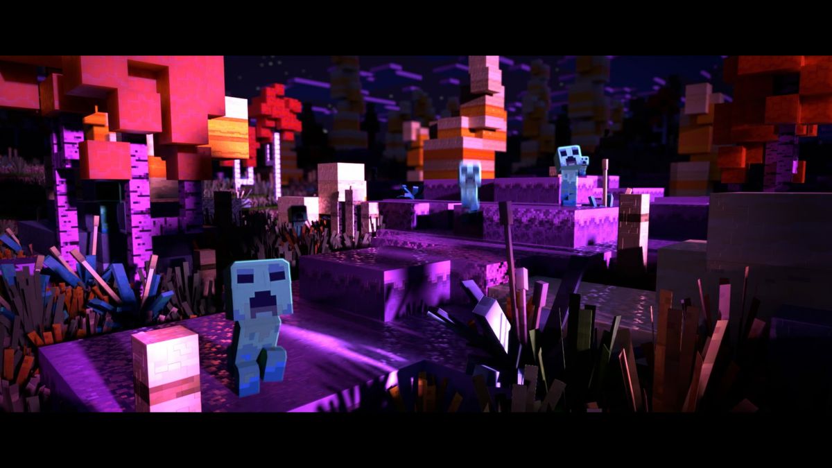 Creepers stand on purple blocks in Minecraft Legends