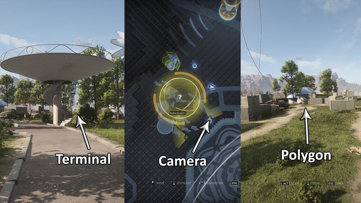 Three vertical screenshots show a terminal, a camera, and a polygon for Atomic Heart polygon 1 testing ground.